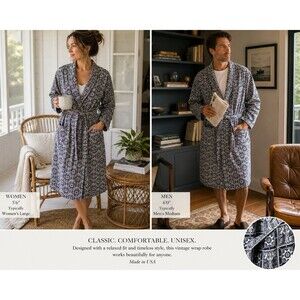 Vintage Harcourt Wrap Robe L Cotton Unisex L Black White Geometric Print USA